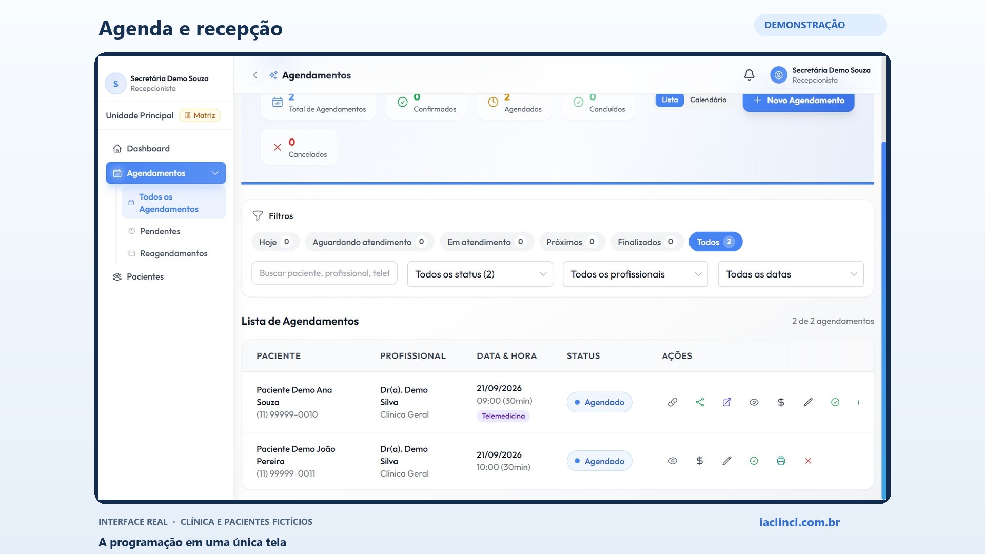 Prévia da demonstração de Agenda e recepção